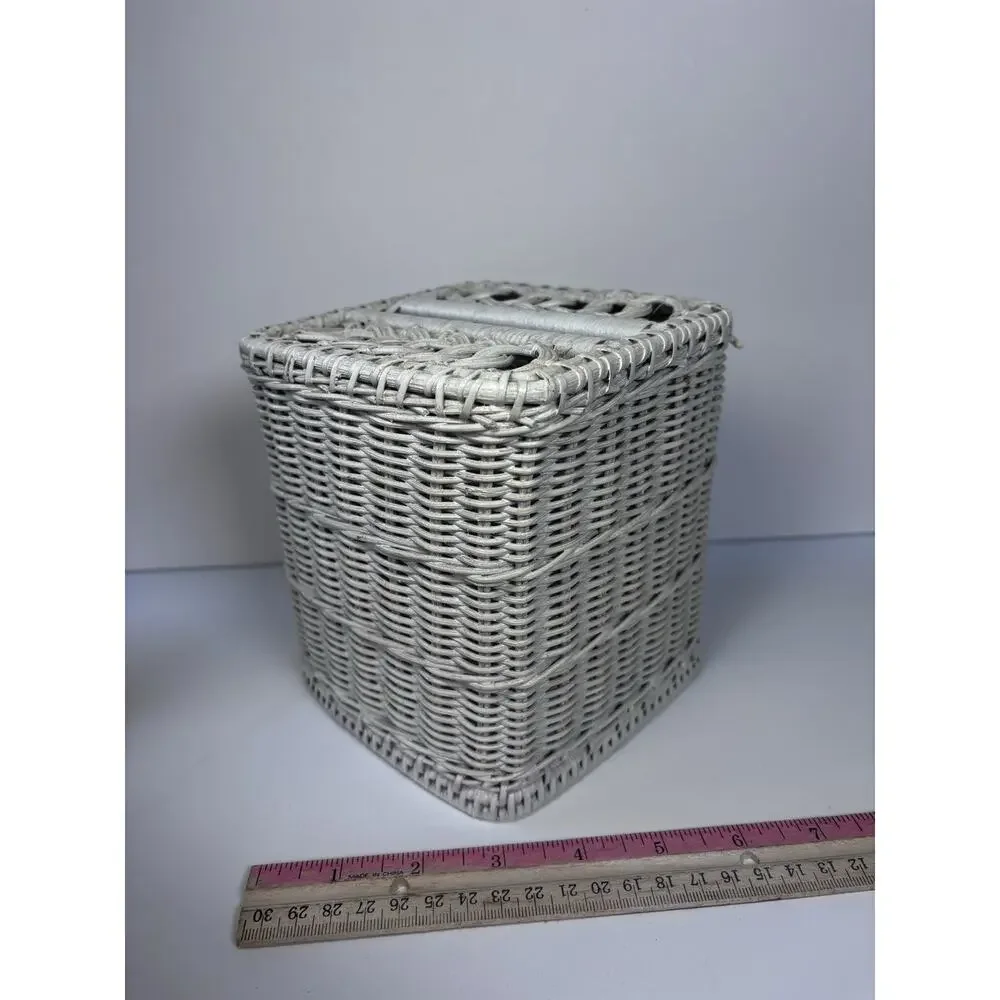 Vintage White Wicker Kleenex Box Cover MCM Shabby Chic Cottagecore